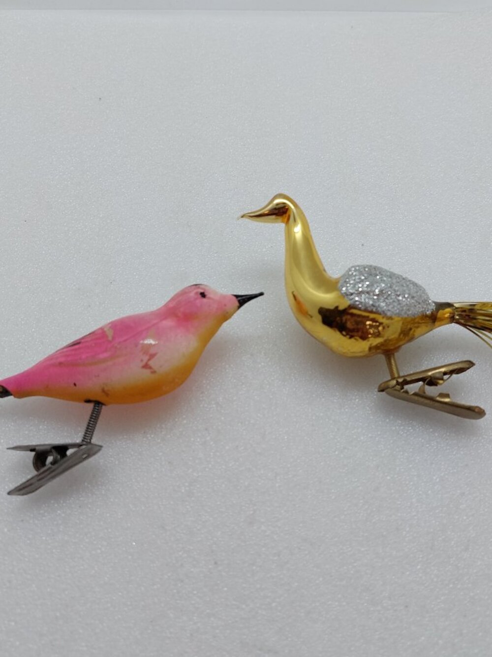 2 Vintage Glass Clip On Birds Christmas Ornament Gold Tone & Pink